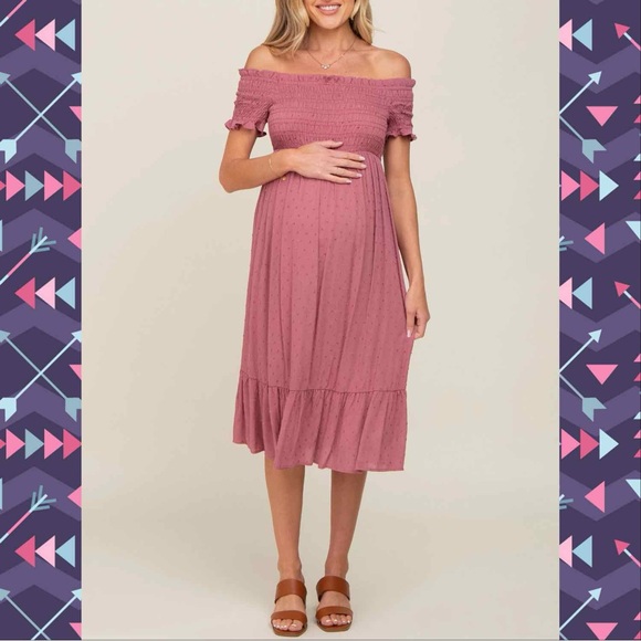 Mauve Off Shoulder Smocked Maternity Midi Dress - Picture 1 of 4